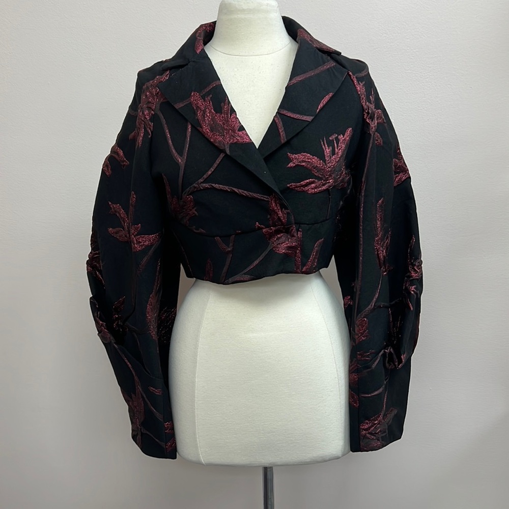 Malloni Embroidered Cropped Blazer in Black/Red